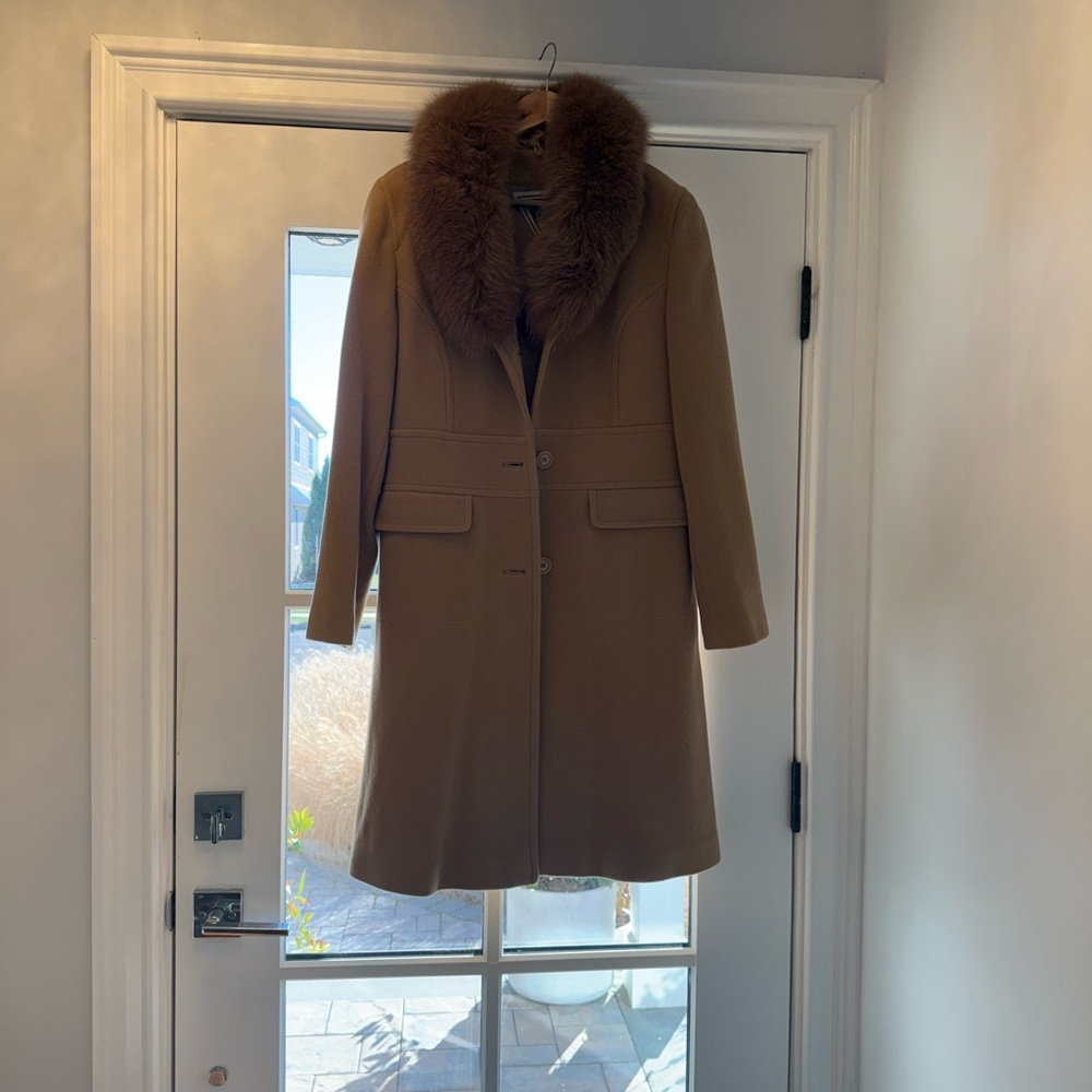Marvin Richards Camel Trench Coat with Fur Collar